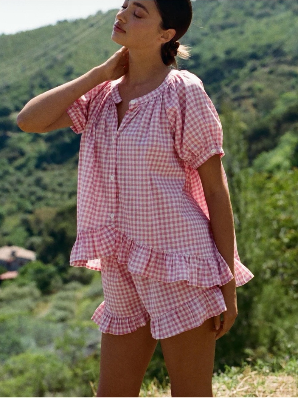 PIYAMA Pink Gingham pajama Top Sophie Sleep Set - Cotton -